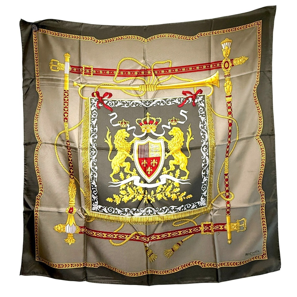 Richel Paris Vintage Silk Scarf Olive Gold Lion Crest Equestrian Preppy